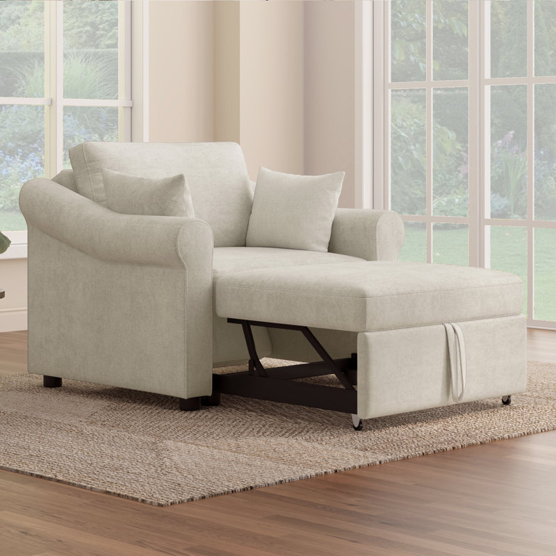 Eloria Mid-Century Modern Chenille Convertible Sleeper Chair with High-Density Sponge, Beige
