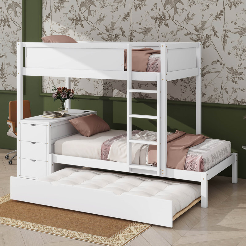Twin-Over-Twin Bunk Bed With Twin Trundle, Storage Space & Desk, Twin over Twin, White