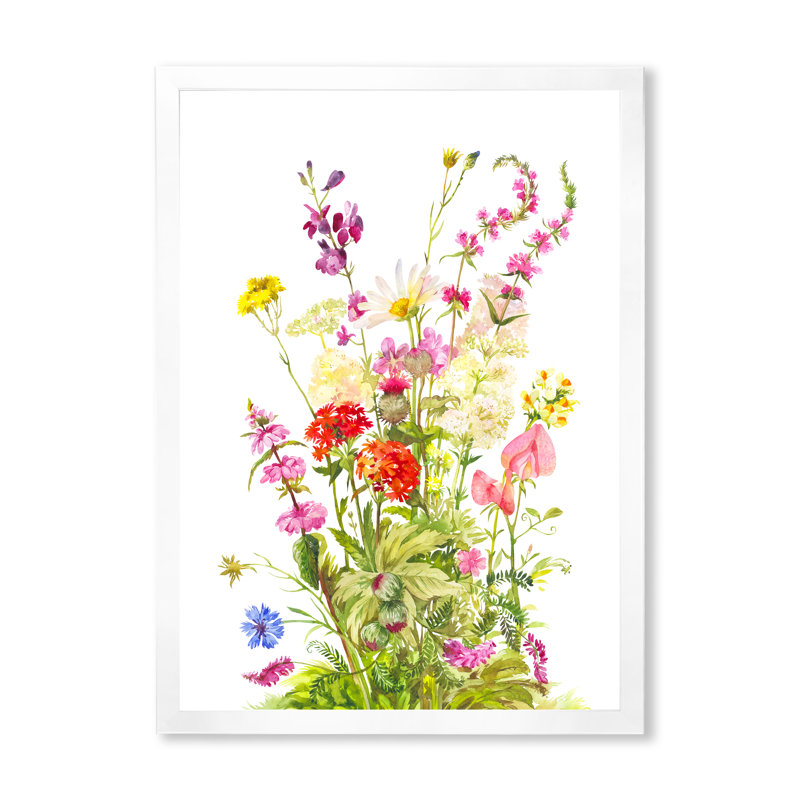 Bouquet de fleurs de la forêt en fleurs - œuvre d'art traditionnelle sur toile, H 20 po x l 12 po x P 1 po, Cadre photo blanc