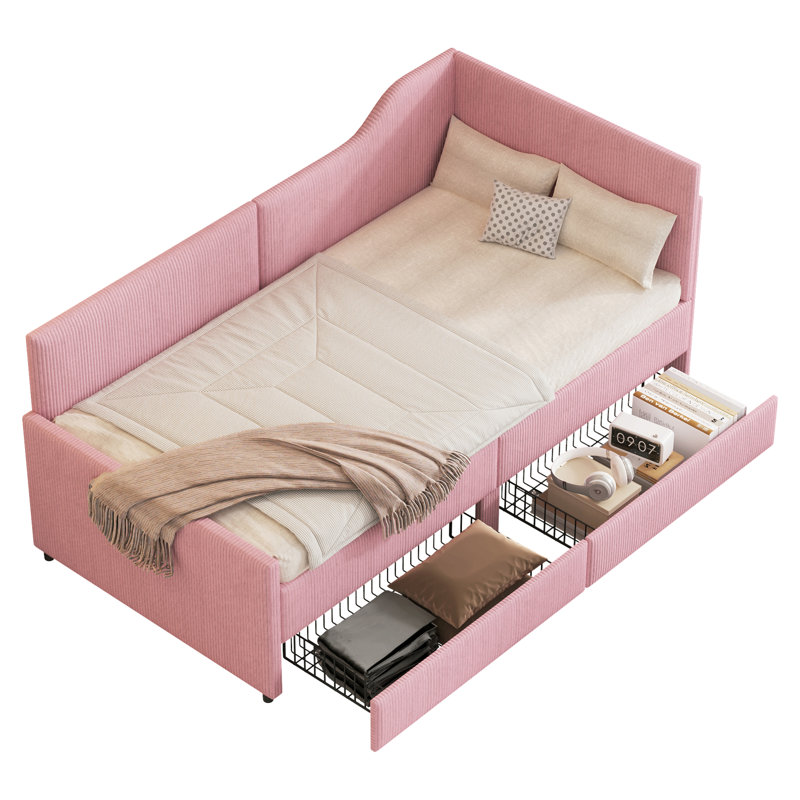 Lit de jour simple en L en velours côtelé, structure de lit tapissier avec 2 tiroirs de rangement, Rose