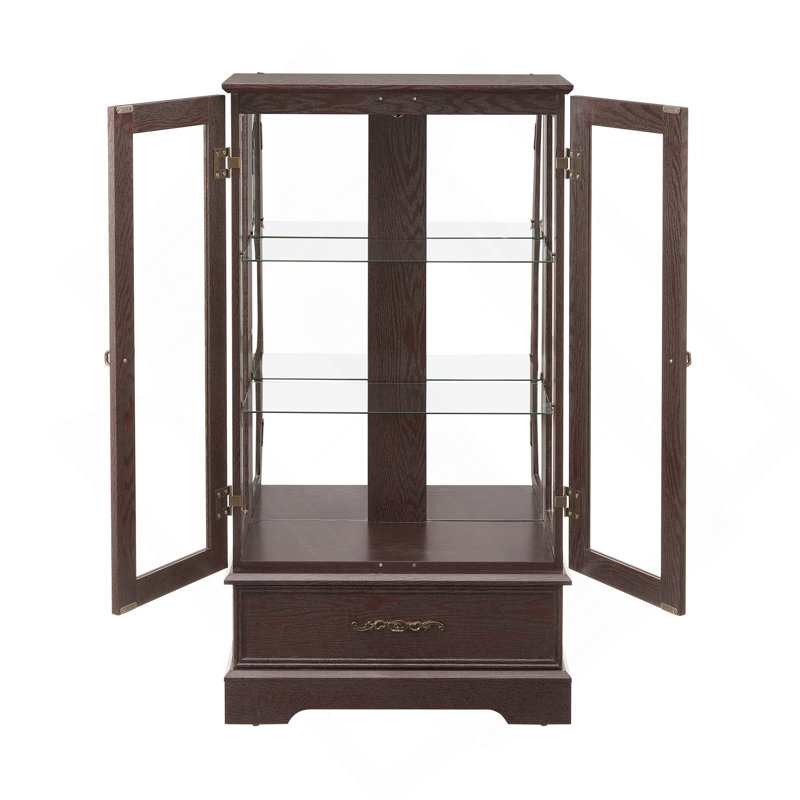 Lighted Glass Curio Cabinet With Adjustable Shelves - Elegant 2-Door Display Cabinet & Built-In Drawer, Includes Bulb, Cherry