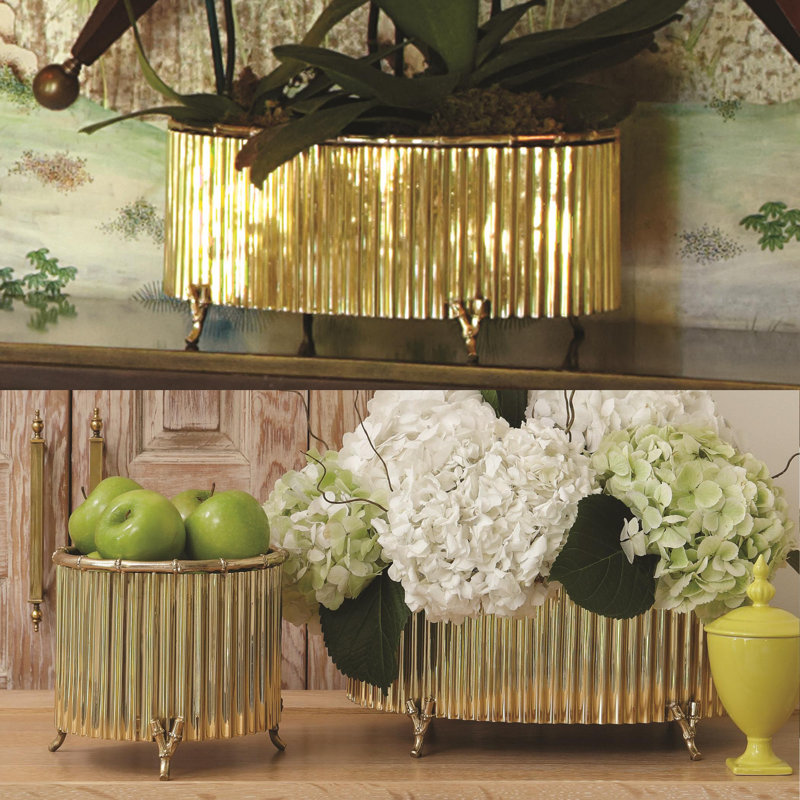 Corrugated Bamboo Cachepot, 7.5" H x 8.5" W x 8.5" D, Brass