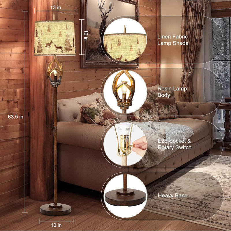 Rustic Farmhouse Antlers Floor Lamp with Nightlight Brown Finish Round Shade Lamps for Living Room