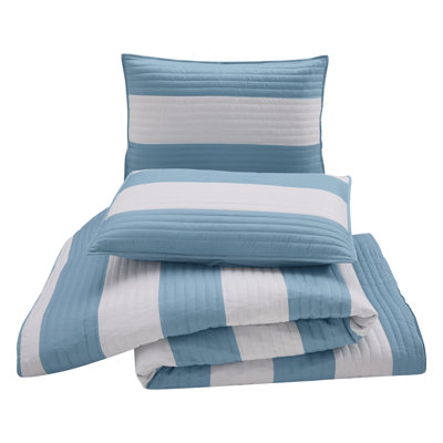 Lavelle Blue/White Stripe Reversible Microfiber Quilt Set
