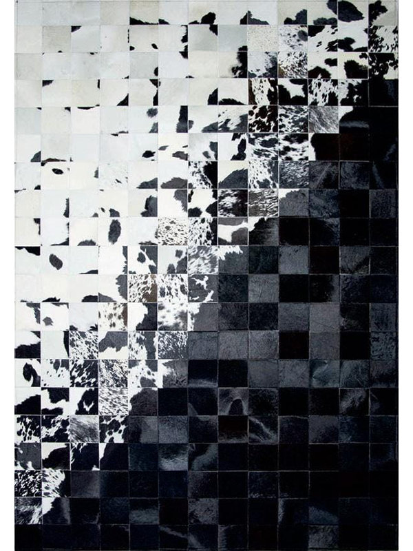 Tapis en cuir de vachette noir et blanc fait à la main, Rectangulaire 8 pi x 10 pi