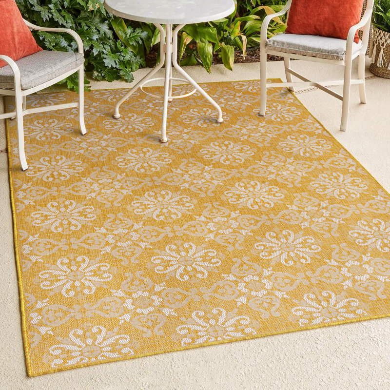 Duglas Traditional Mediterranean Tile Design Yellow/Cream Indoor/Outdoor Rug, Rectangle 4' x 6'