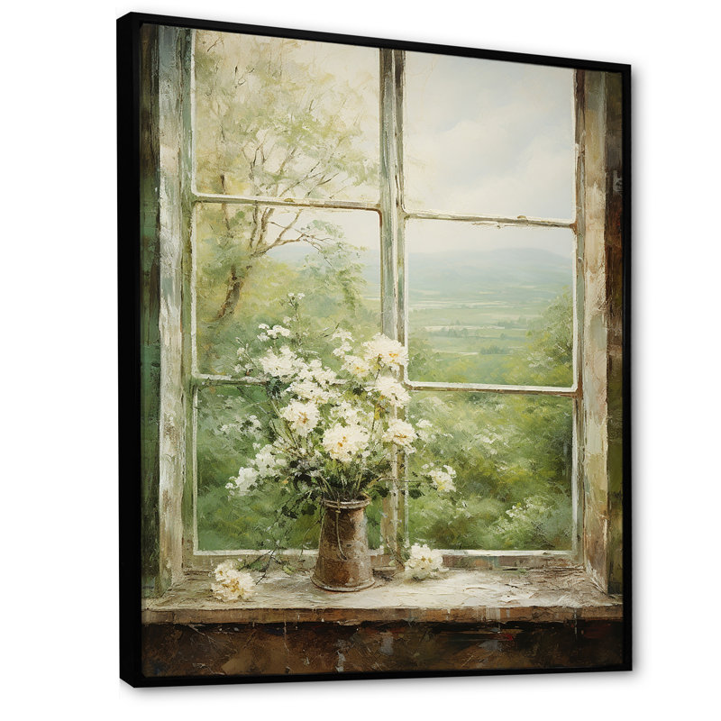 «Countryside Calm Blooms Farm Windows II - Farmhouse Windows», art mural, Cadre flottant noir, H 32 po x l 24 po x P 1 po