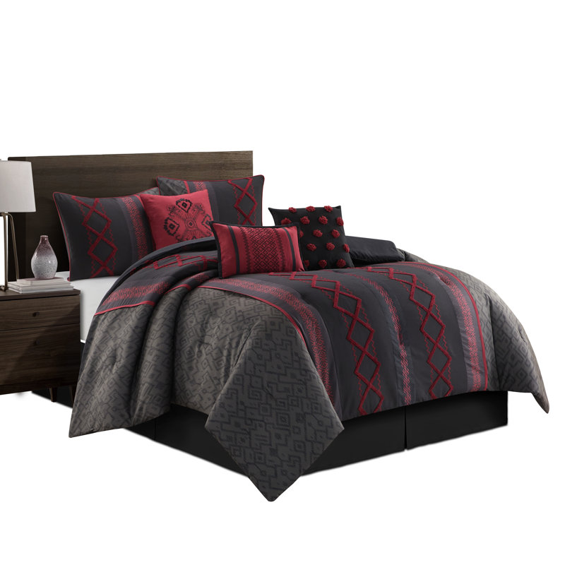 Ensemble d'édredon en microfibre 7 pièces Anthony, Édredon de très grande taille et 6 pièces suppl, Noir / rouge