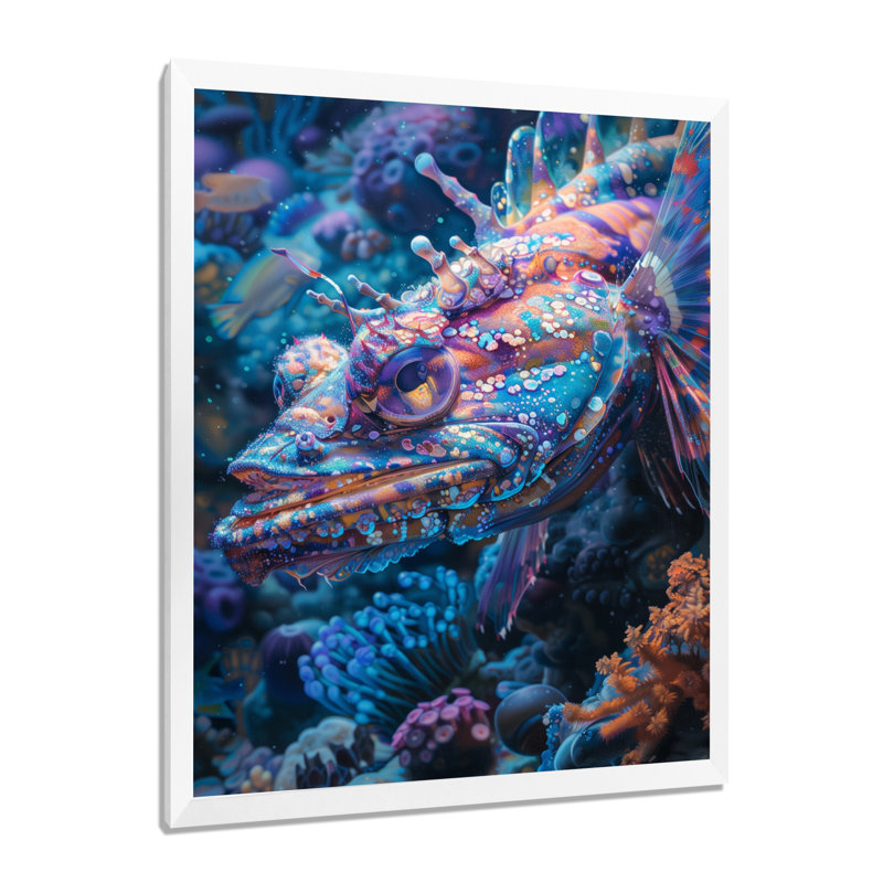 Blue Glowing Abyss Sea Creatures - Sea Creatures Wall Decor, 40" H x 30" W x 1.5" D, White Single Picture Framed