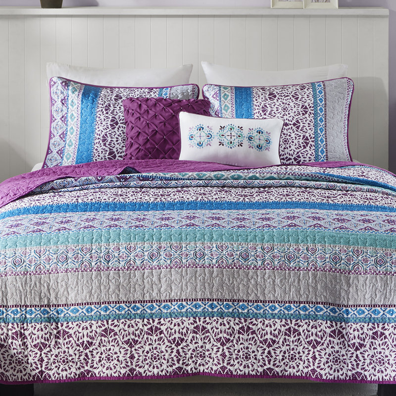 Boho Purple and Turquoise Reversible Microfiber Coverlet Set