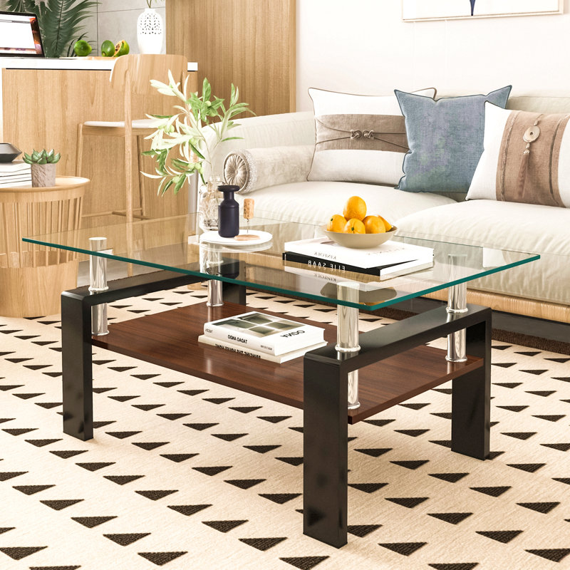 Table basse rectangulaire, plateau en verre trempé avec panneau de fibres à densité moyenne, table moderne pour le salon, verre transparent