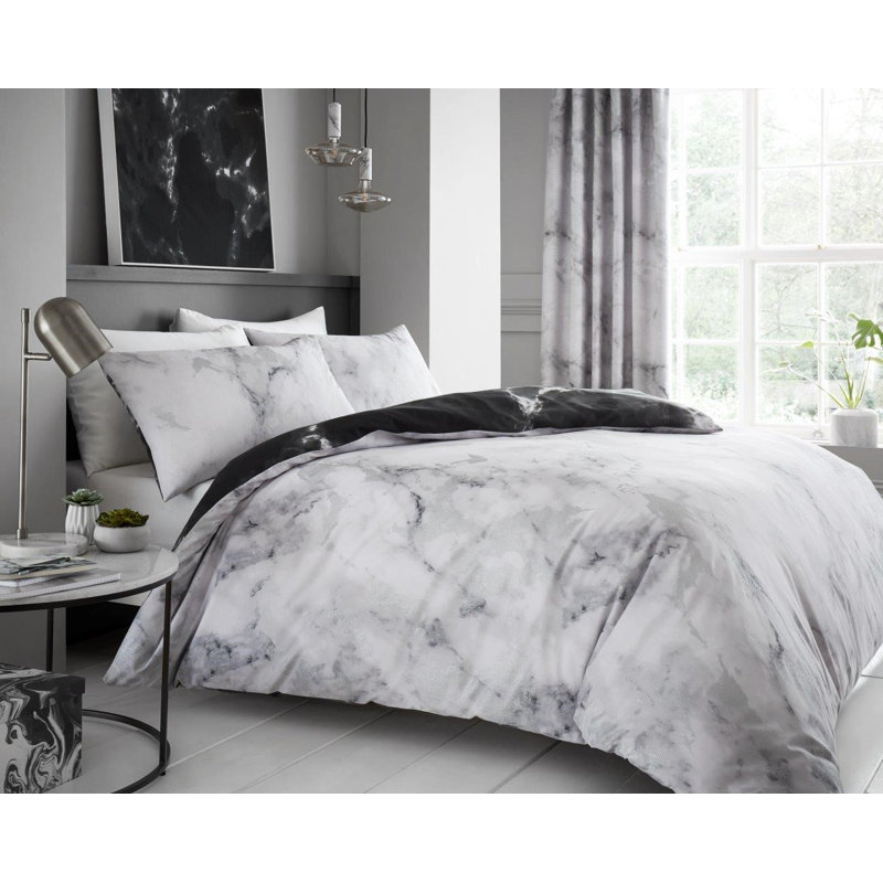 Marble Duvet Cover Set, Lightweight Polycotton Bedding with Matching Pillowcases, Silver/White, Double