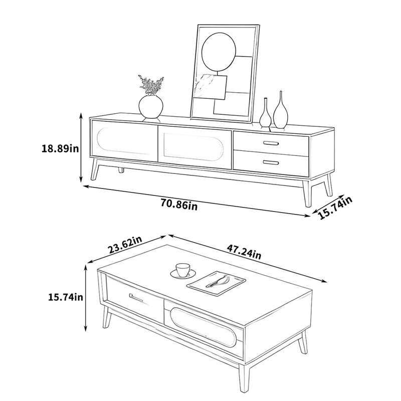 Meuble télé et table basse avec pieds en bois surélevé