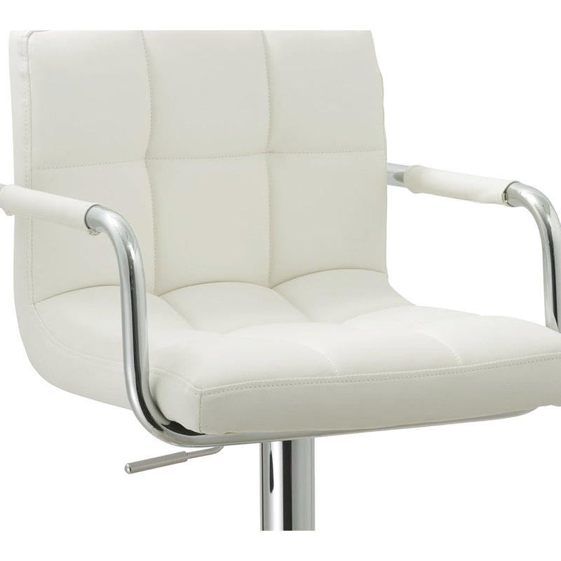 Adjustable Swivel Bar Stool With White Metal Framework, Grey Cushioned Seat Grid-Pattern Embellishment Style, Hydraulic Lift For Height Variation Scope, 360 Mobility Range, Ergonomic Configuration