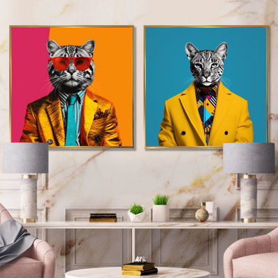 «Popart Iconic Cat In suit I», ensemble de 2 reproductions d'art sur toile