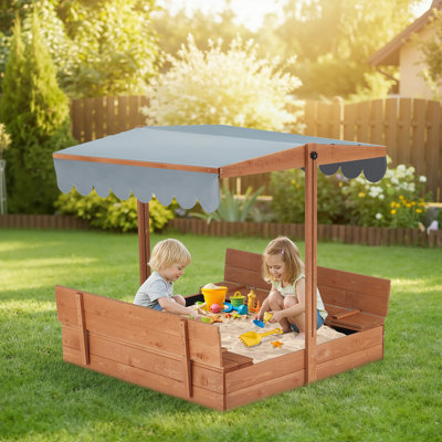 43.7" x 43.7" Solid Wood Square Sandbox with Adjustable Cover, Foldable Sandbox For Backyard, Garden and Beach