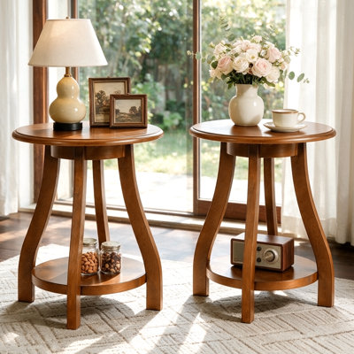 Ensemble de 2 tables d'appoint rondes en bois massif, de petites tables rondes pour le salon ou la chambre.
