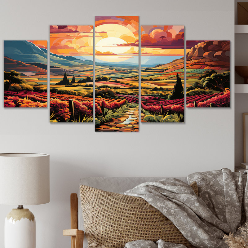 «Vineyard Sunset Rows Of Ruby Landscape II», reproduction sur toile de campagne - 5 panneaux