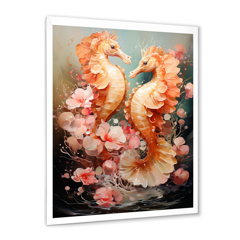 Animal corail hippocampe goutte d'eau - Décoration murale animaux, H 32 po x l 24 po x P 1 po, Cadre simple blanc