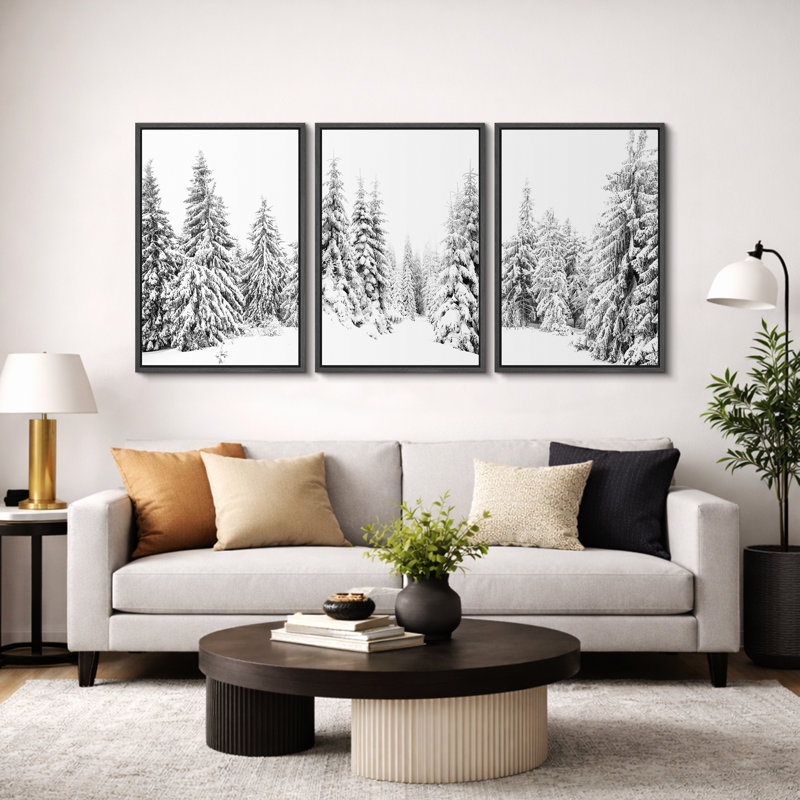«Winter», neige recouverte de pin, forêt, paysage naturel, œuvre d'art moderne, photographie en noir et blanc, impression sur toile encadrée, 3 pièces, 3 pièces