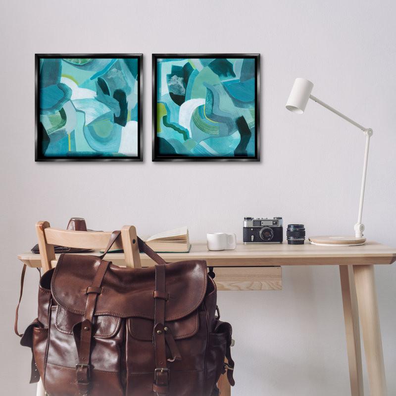  «Energetic Blue Patterns», ensemble de 2 toiles flottantes encadrées par Grace Popp, Cadre flottant noir de jais