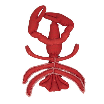 Cotton Printed Lobster Shaped Pillow With Embroidery And Fringe, Red