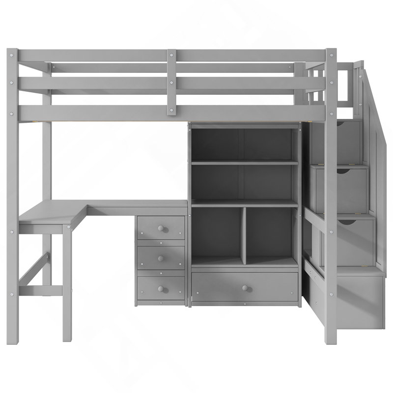 Lit mezzanine double avec bureau en L et tiroirs, armoire et escalier de rangement