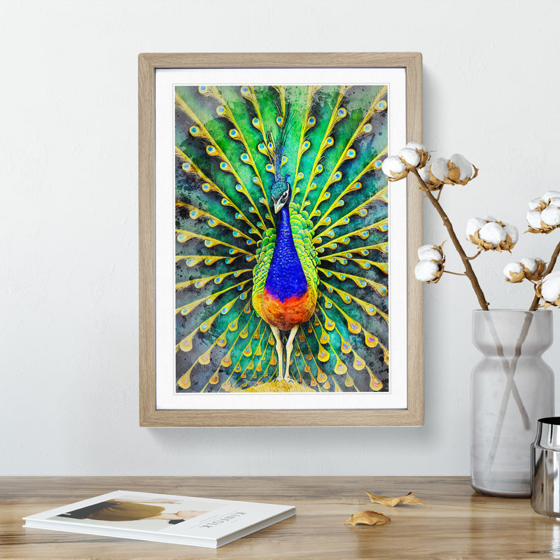 Peacock Watercolour No.1 - Wall Art, 66cm H x 48cm W, Oak Framed Paper, White
