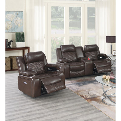 Fauteuil inclinable électrique brun 2 pièces avec dossier rembourré, accoudoirs rembourrés et console porte-gobelet - Meubles de style contemporain : Chargeur pour fauteuil inclinable
