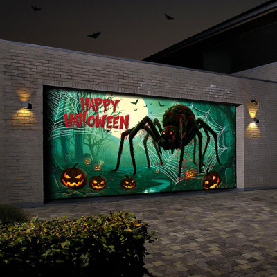Housse de porte de garage 8 x 16 pi Halloween, décorations Happy Halloween, toile de fond suspendue effrayante pour décoration murale intérieure / extérieure