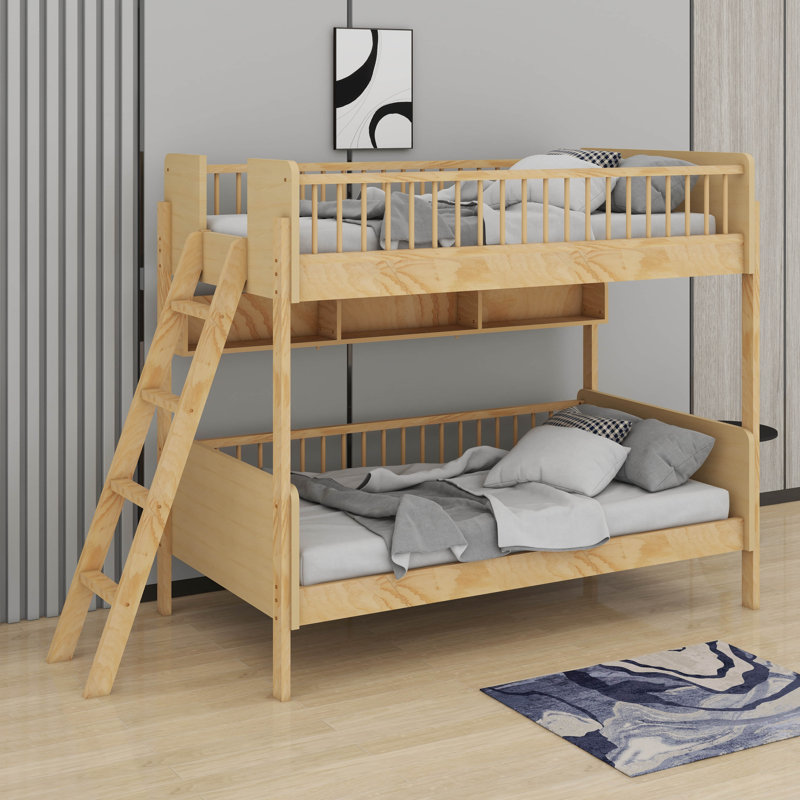 Twin Size Bunk Bed With Shelves,Ladder Can Be Changed Left Or Right, Natural