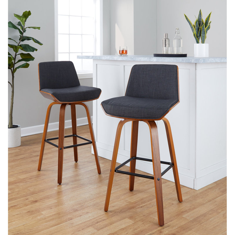 Fixed-Height Barstool With Swivel In Walnut Wood And Charcoal Fabric With Square Black Metal Footrest - Set Of 2