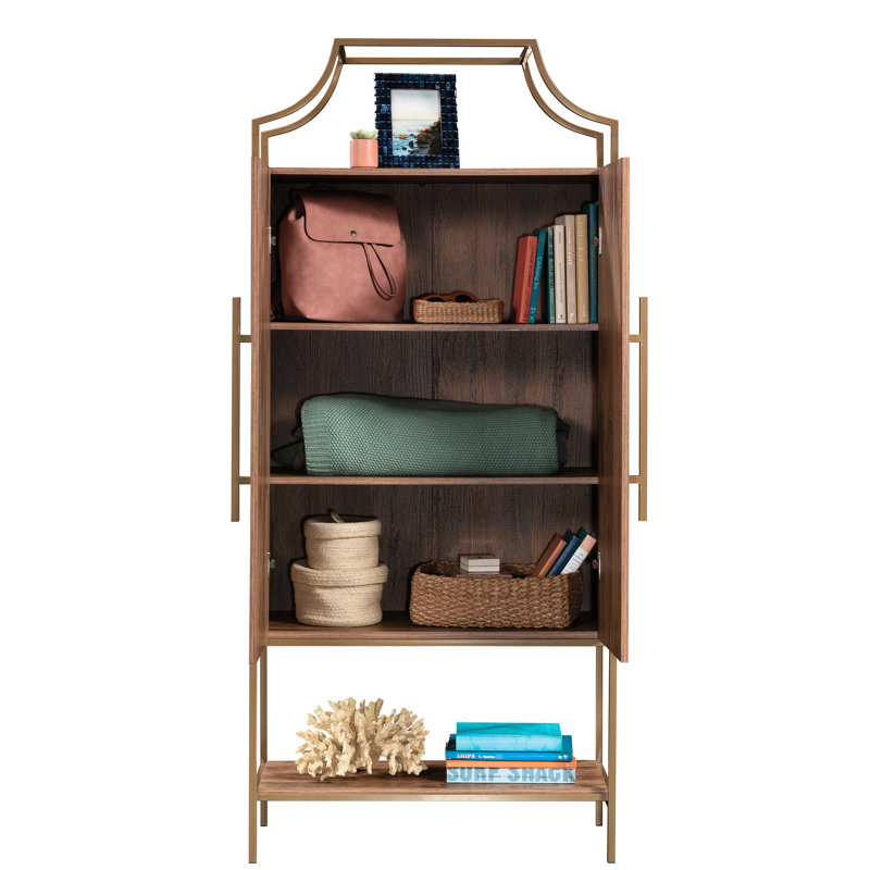Élégante armoire de rangement brune avec tablettes réglables et fixes, structure en métal doré satiné, pour le salon, le couloir ou le vestibule, utilisation quotidienne Facile à installer
