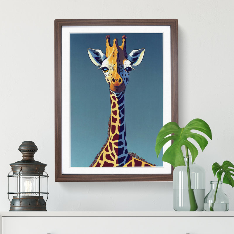 Giraffe Cartoon - Wall Art, 46cm H x 34cm W x 2cm D, Walnut Framed