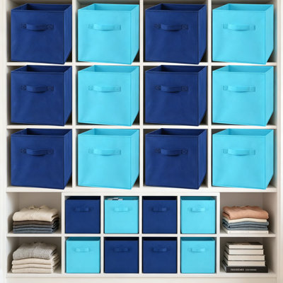 12 Pack Cube Storage Bins with Handles, 10.5 x 10.5 x 11 Inch Fabric Baskets for Shelves, Foldable Organizer Boxes for Kids Room, Playroom, Nursery, Dark and Light Blue