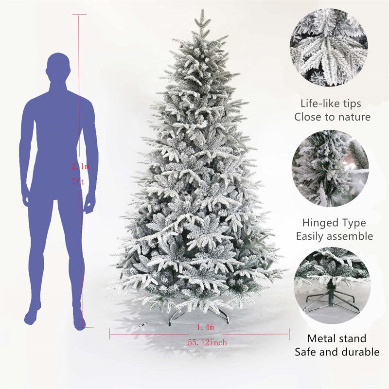 Arbre de Noël artificiel à charnière enneigé 7 pi avec des pointes réalistes blanches