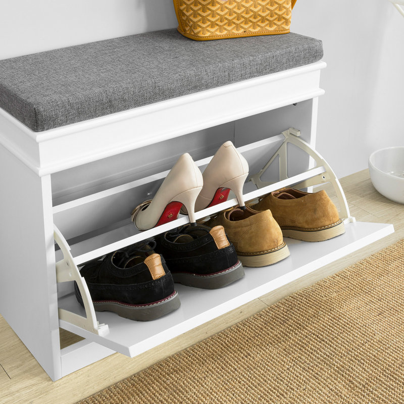 White Shoe Bench Wooden Storage Bench with Flip-Drawer – Upholstered Entryway Bench with Storage for Hallway, Bedroom, 20.47" H x 23.6" W x 9.45" D