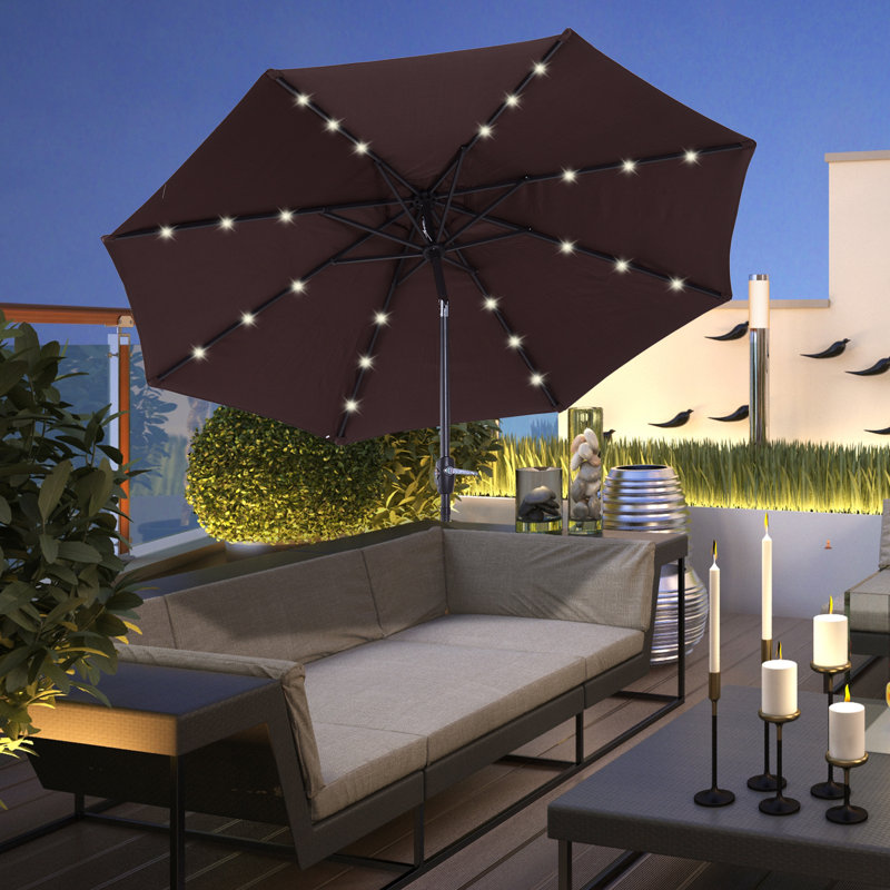 269cm Lighted Tilt Market Parasol, Coffee, Pulley Lift