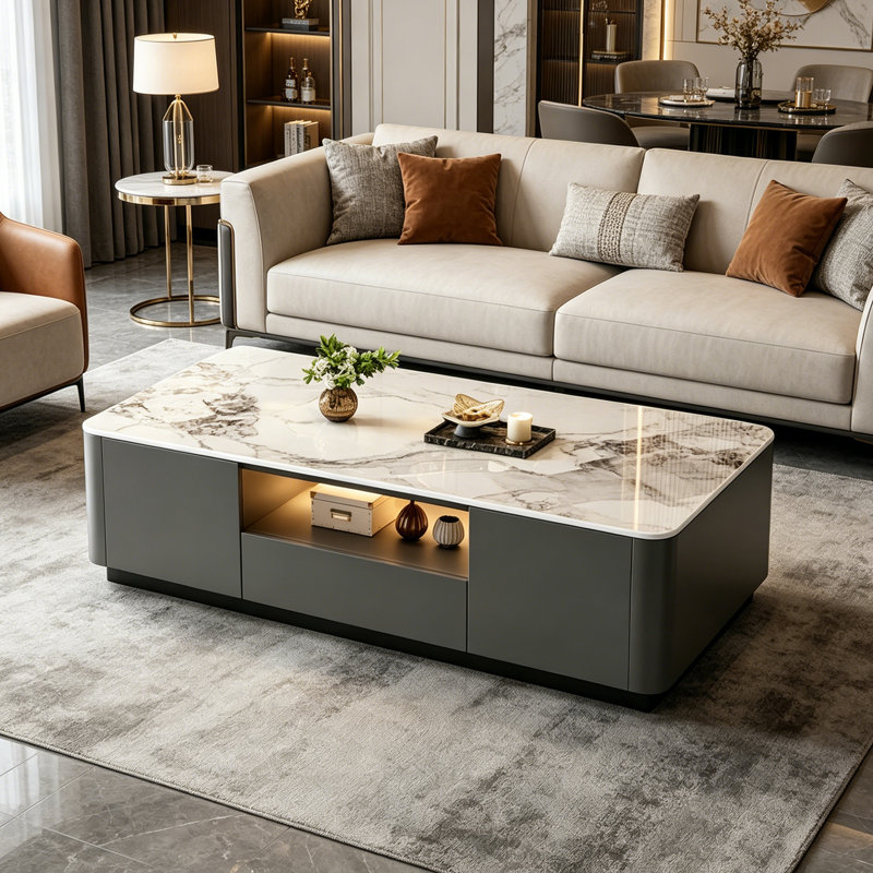 Table basse avec rangement Minimalist, H 14,56 po x L 55,11 po x l 23,62 po, Blanc / Gris