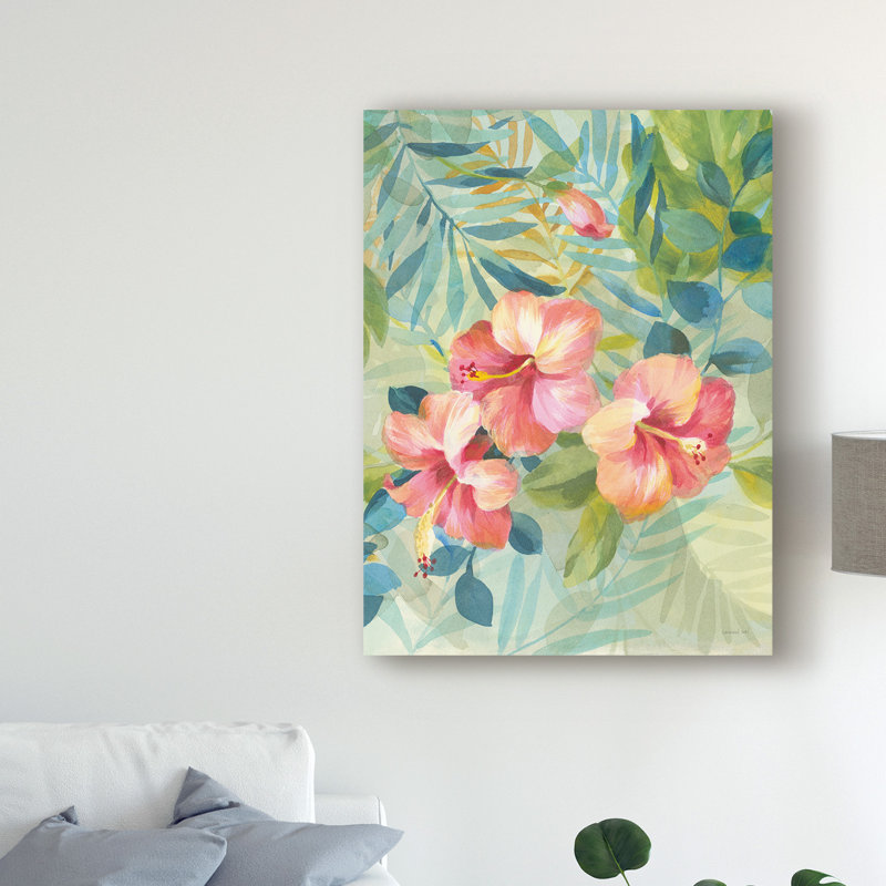« hibiscus jardin iii », reproduction de peinture à l’aquarelle sur toile tendue, H 24 po x l 18 po x P 2 po