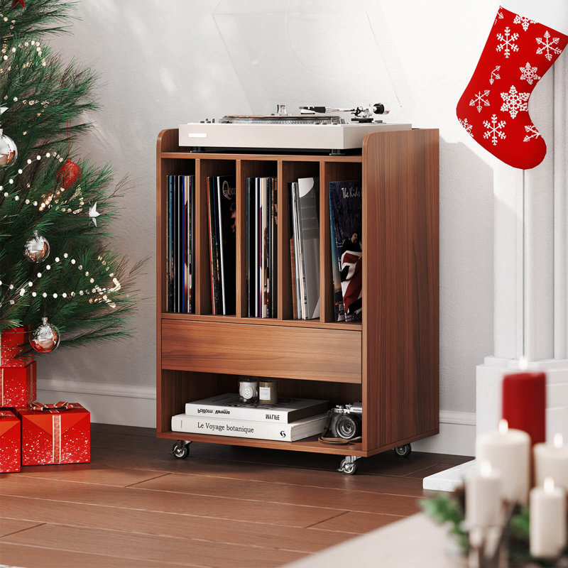 Support pour tourne-disque avec tiroir et porte-disques, roues verrouillables pour le salon noyer, Walnut