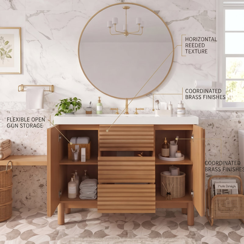 Meuble-lavabo moderne de 47 pouces avec lavabo en résine SMC, armoire de rangement avec pieds en bois massif et tiroirs à fermeture douce (naturel)