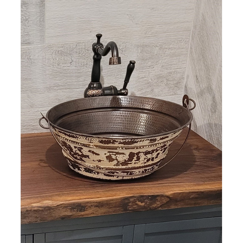 15" Round Copper Vessel Bucket Sink Antique White Exterior, Drain Included