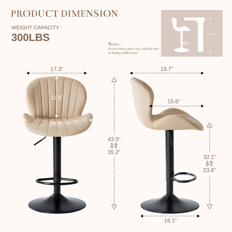 Swivel Adjustable Height Bar Stools, Leather Upholstered Counter Stools, Modern Pub Stool, Beige, null