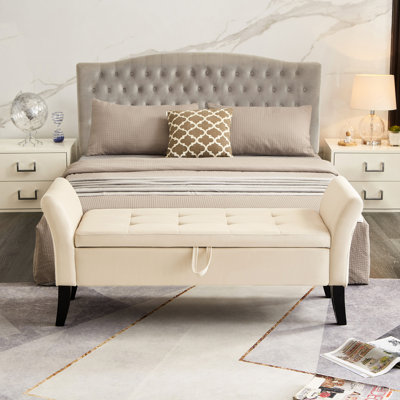 Banc de siège de chambre en velours beige avec rangement - rangement de couloir classique et confortable de 51,5 po de style