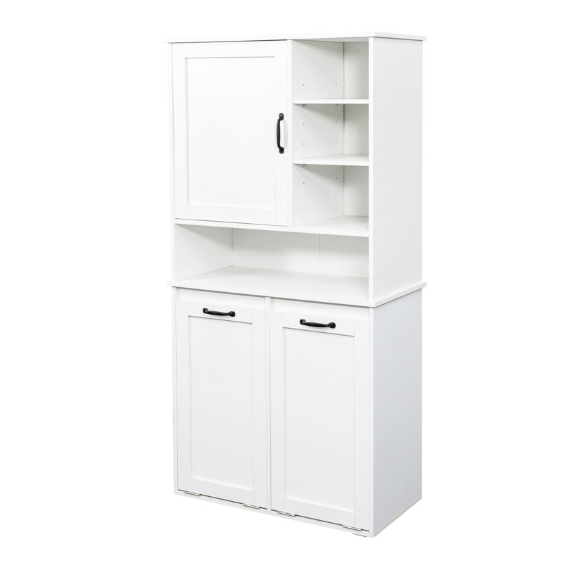 Armoire de buanderie avec panier inclinable - Portes, tablette, rangement multiple, autoportant, blanc, panier autoportant réglable