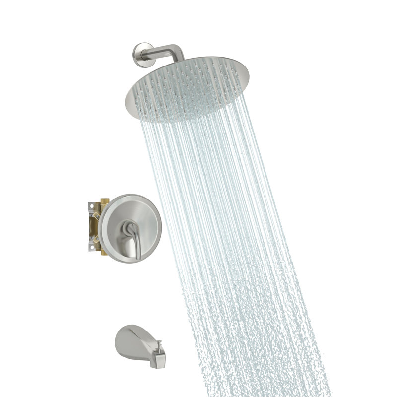 10" Round Rain Shower Head Shower System with Tub Faucet and Rough-in Valve, Brushed Nickel