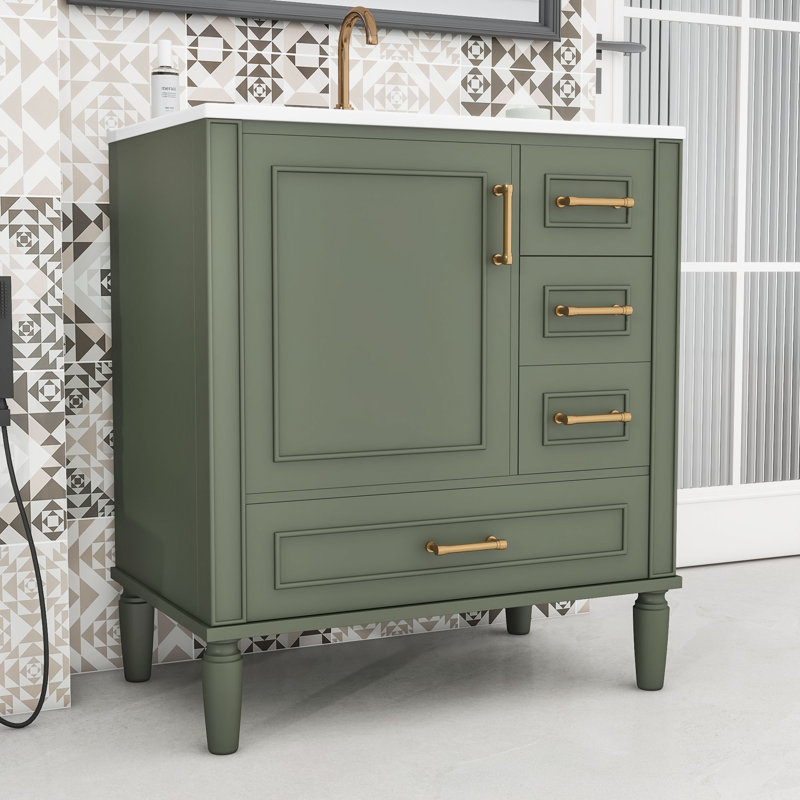 Meuble-lavabo simple autoportant en bois Fetush Modern avec lavabo en céramique et grand rangement, Vert olive