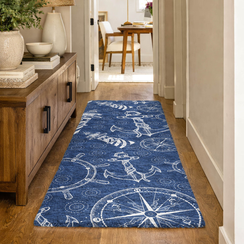 Premium Machine Washable Dream Shag Nautical Rug, 2'3" x 7'6" Runner, Navy