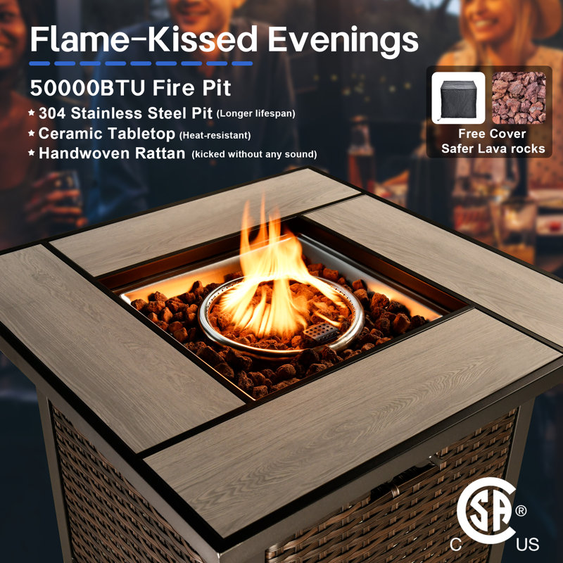 4-Person Outdoor High Back Seating Group With Cushions And Fire Pit,All-Weather Wicker Patio Chair Set, Orange